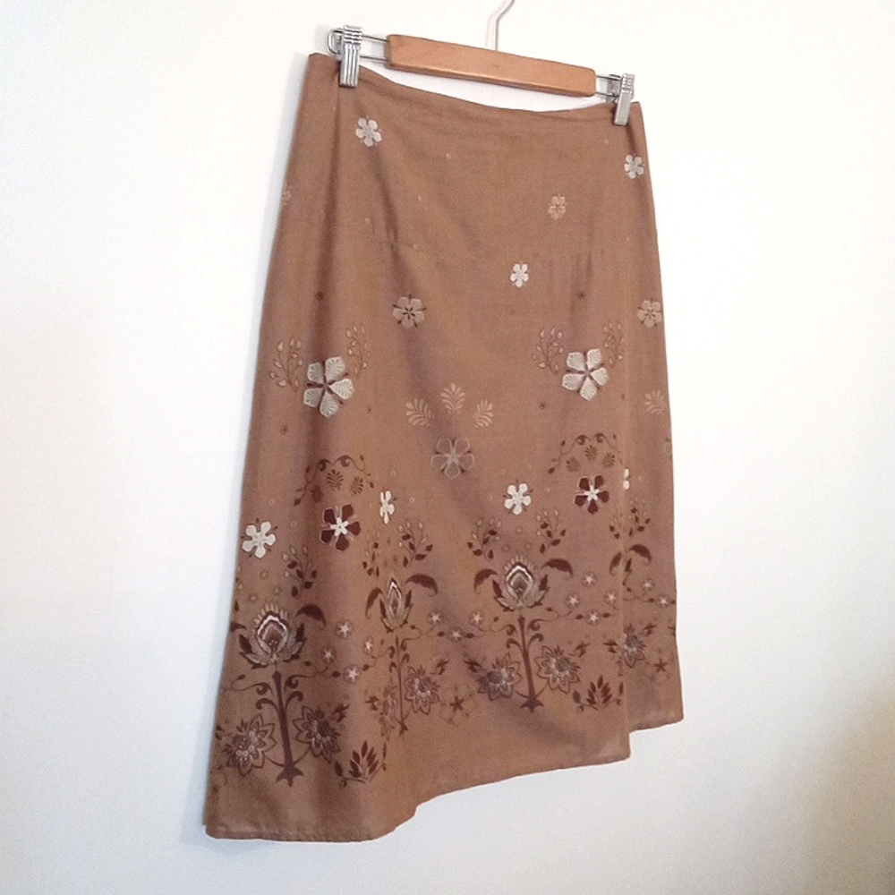 Reitman's Women's Vintage Tan Cotton Bohemian Skirt Whimsical Floral Print Sz 5